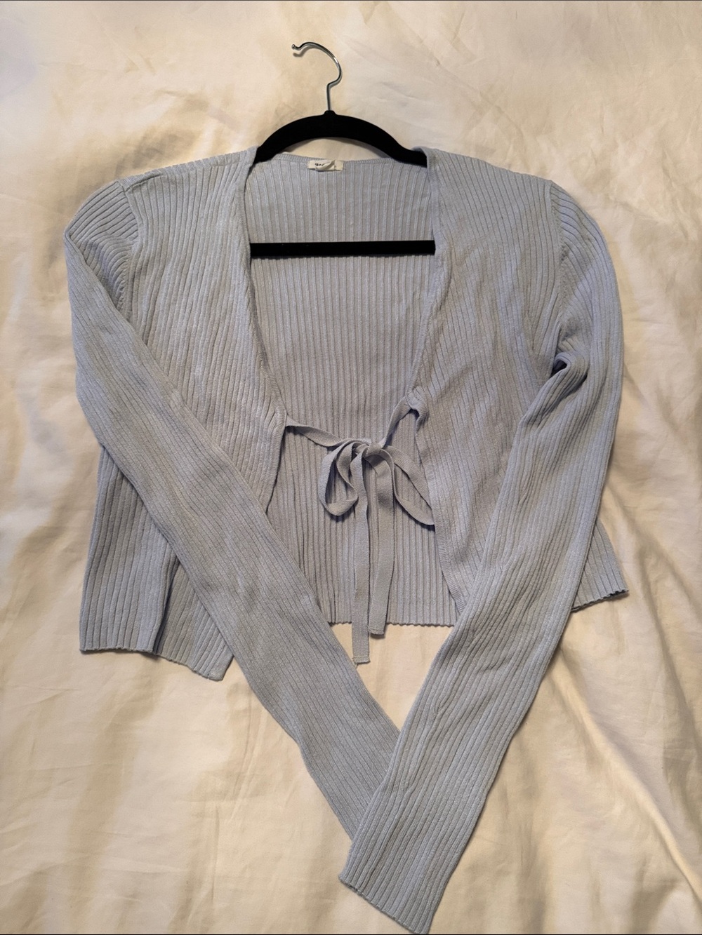Garage Light Blue Ribbed Tie-Front Cardigan